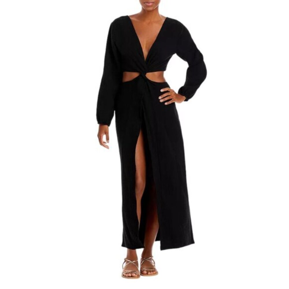 Black Long Sleeve Twist-Cut Maxi Swim Cover-Up